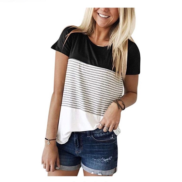 Tops - Black and white striped colorblock top